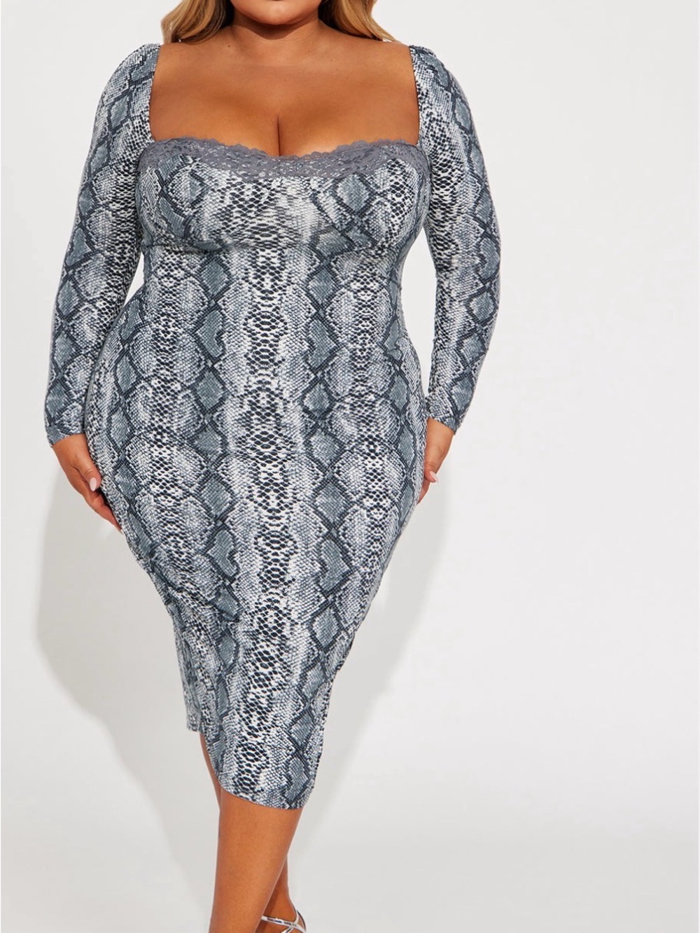 Fashion Nova Gray Snake Print Long Sleeve Bodycon Dress